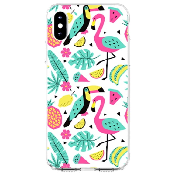 DistinctInk Clear Shockproof Hybrid Case for iPhone XS Max (6.5" Screen) - TPU Bumper, Acrylic Back, Tempered Glass Screen Protector - Summer Graphics - Flamingo Toucan Pineapple