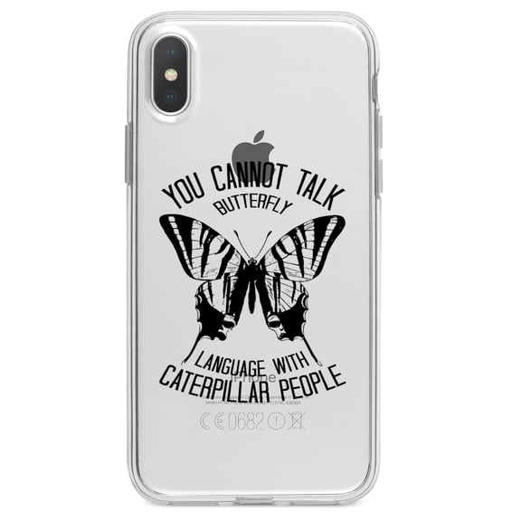 DistinctInk Clear Shockproof Hybrid Case for iPhone XS Max (6.5" Screen) - TPU Bumper Acrylic Back Tempered Glass Screen Protector - Can't Talk Butterfly with Caterpillar People