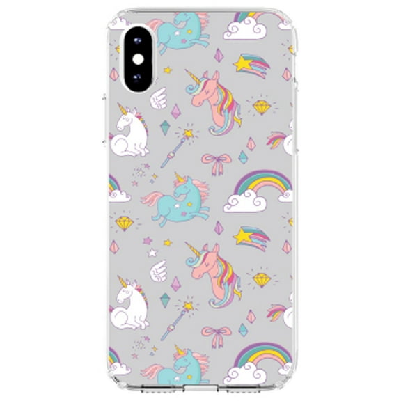 DistinctInk Clear Shockproof Hybrid Case for iPhone XS Max (6.5" Screen) - TPU Bumper, Acrylic Back, Tempered Glass Screen Protector - Unicorn Rainbow Wand Pattern - Grey