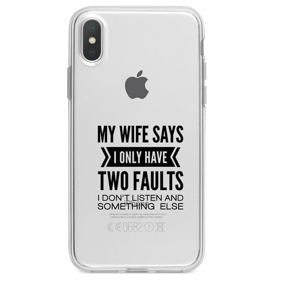 DistinctInk Clear Shockproof Hybrid Case for iPhone XS Max (6.5" Screen) - TPU Bumper Acrylic Back Tempered Glass Screen Protector - Wife Says I Have Two Faults Don't Listen
