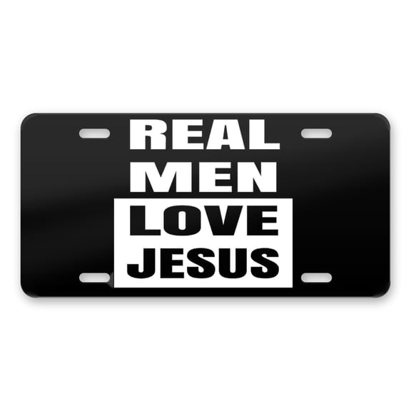 DistinctInk Custom Aluminum Vanity Front License Plate - Black Real Men Love Jesus - Weatherproof, Pre-Drilled Holes