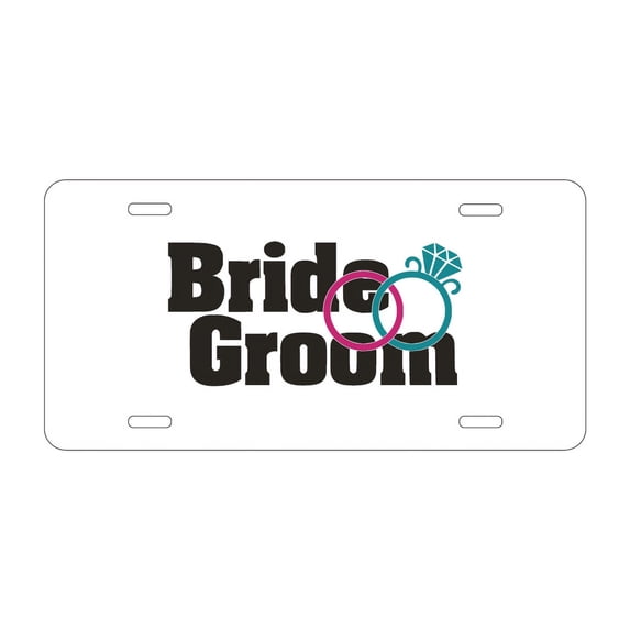 DistinctInk Custom Aluminum Vanity License Plate for Front of Car - Bride & Groom Wedding Rings