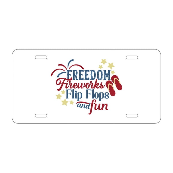 DistinctInk Custom Aluminum Vanity Front License Plate - Freedom Fireworks Flip Flops & Fun - Weatherproof, Pre-Drilled Holes
