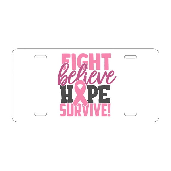 DistinctInk Custom Aluminum Vanity License Plate for Front of Car - Pink Ribbon Cancer - Fight Believe Hope Survive