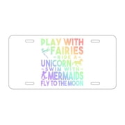 DistinctInk Custom Aluminum Vanity Front License Plate - Play With Fairs Ride Unicorn Mermaids Moon - Weatherproof, Pre-Drilled Holes