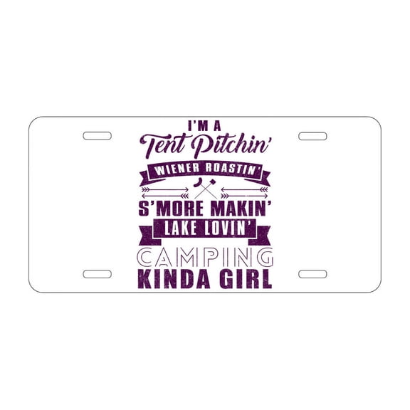 DistinctInk Custom Aluminum Vanity License Plate for Front of Car - Tent Pitchin Weiner Roastin S'More Camping Girl