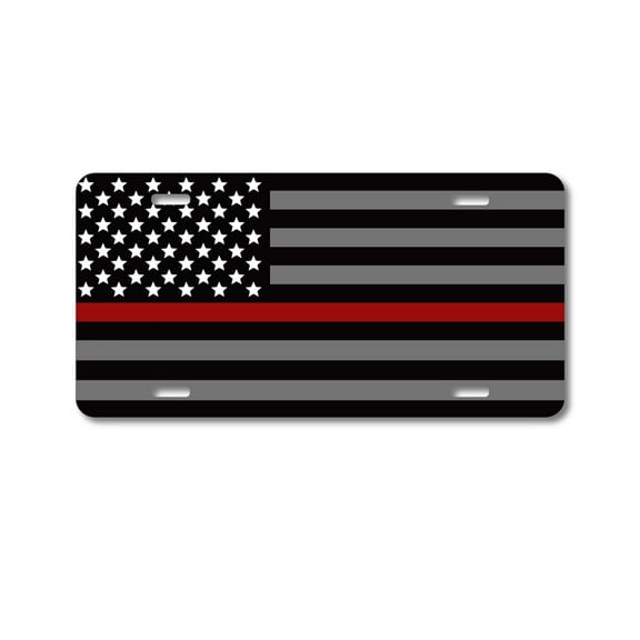 DistinctInk Custom Aluminum Vanity License Plate for Front of Car - Thin Red Line US Flag Fire Deparment