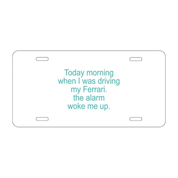 DistinctInk Custom Aluminum Vanity License Plate for Front of Car - When Driving My Ferrari, Alarm Woke Me