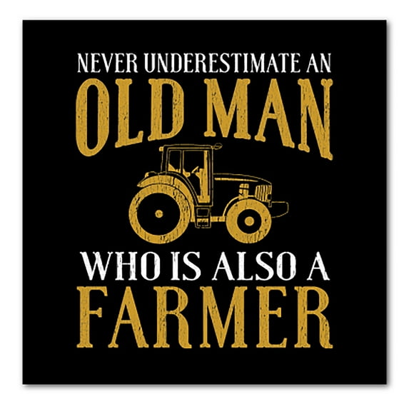 DistinctInk Custom Bumper Sticker - 10" x 10" Decorative Decal - Black Background - Never Underestimate Old Man Farmer