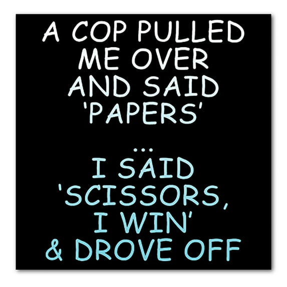 DistinctInk Custom Bumper Sticker - 3" x 3" Decorative Decal - Black Background - Cop Pulled Over, Rock Paper Scissors