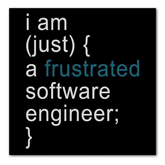 DistinctInk Custom Bumper Sticker - 3" x 3" Decorative Decal - Black Background - I am (just) {a frustrated software engineer;}