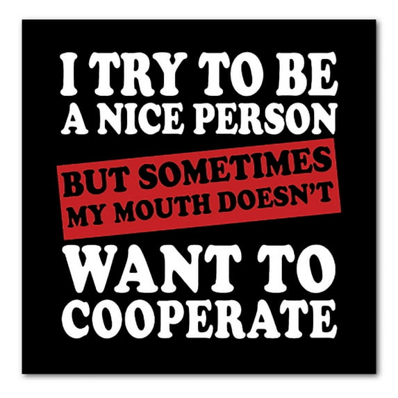DistinctInk Custom Bumper Sticker - 3" x 3" Decorative Decal - Black Background - Try to Be Nice Person Mouth Doesn't Cooperate
