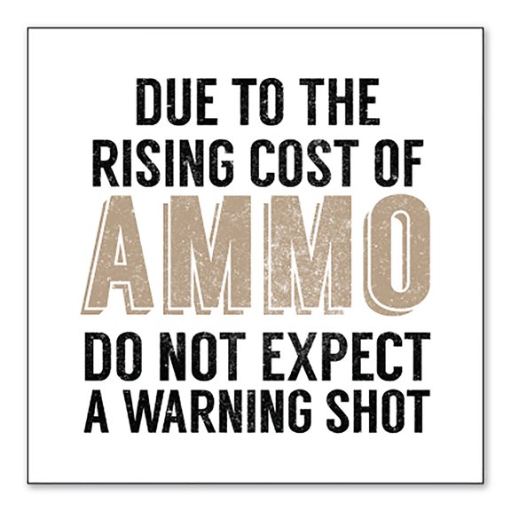 DistinctInk Custom Bumper Sticker - 6" x 6" Decorative Decal - White Background - Rising Cost of Ammo Don't Expect Warning Shot