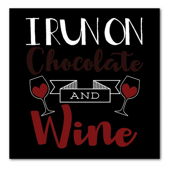 DistinctInk Custom Bumper Sticker - 8" x 8" Decorative Decal - Black Background - I Run on Chocolate and Wine