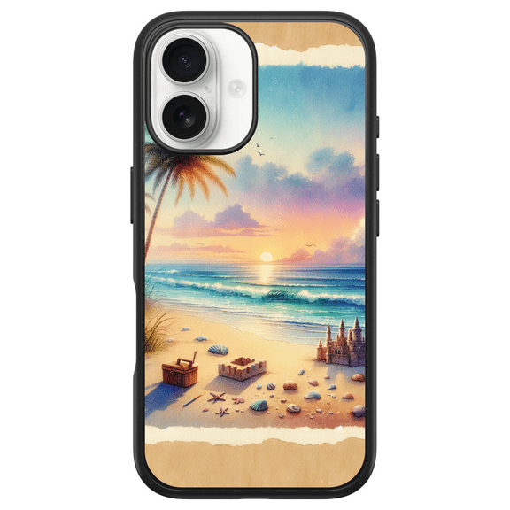DistinctInk Custom OtterBox Symmetry for iPhone 16 - Custom Black Case - A Serene Sunset on an Empty Beach