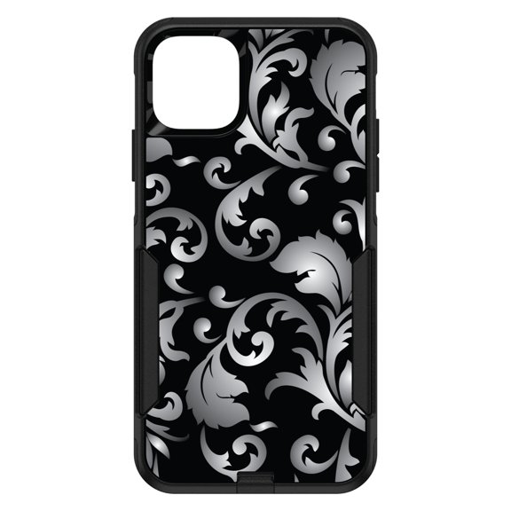 DistinctInk Custom SKIN / DECAL compatible with OtterBox Commuter for iPhone 11 (6.1" Screen) - Silver Grey Black White Floral - Floral Damask Pattern