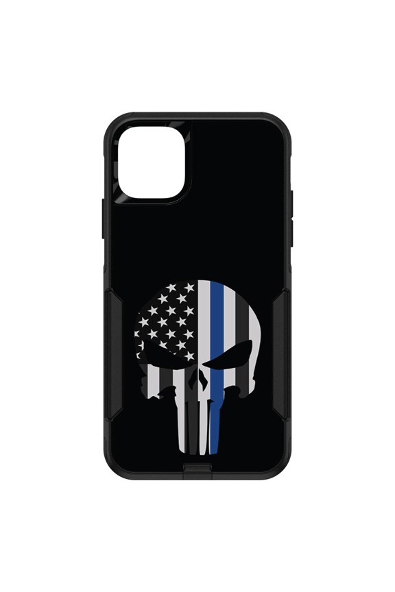 Custom SKIN / DECAL compatible with OtterBox Commuter for iPhone 11 Pro MAX (6.5" Screen) - Thin Blue Line Skull - Show Your Support for First Responders