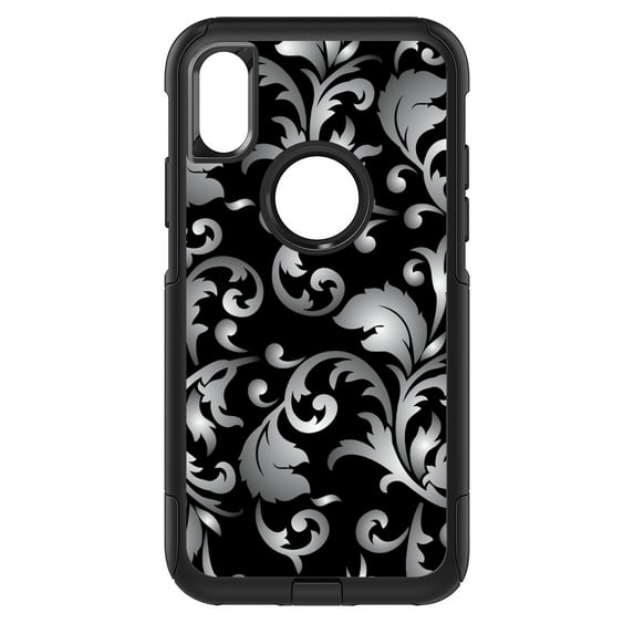 DistinctInk Custom SKIN / DECAL compatible with OtterBox Commuter for iPhone XR (6.1" Screen) - Silver Grey Black White Floral - Floral Damask Pattern