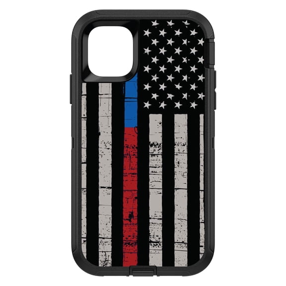 DistinctInk Custom SKIN / DECAL compatible with OtterBox Defender for iPhone 11 (6.1" Screen) - Thin Blue Line Thin Red Line US Flag - Show Your Support for First Responders