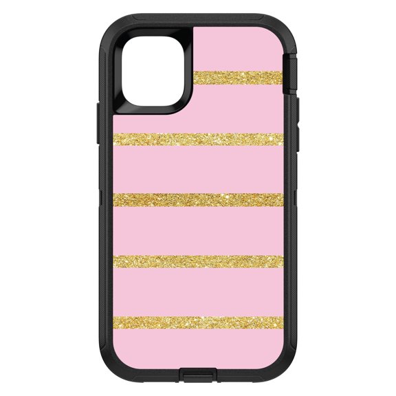 DistinctInk Custom SKIN / DECAL compatible with OtterBox Defender for iPhone 11 Pro MAX (6.5" Screen) - Pink & Gold Print - Horizontal Stripes Pattern