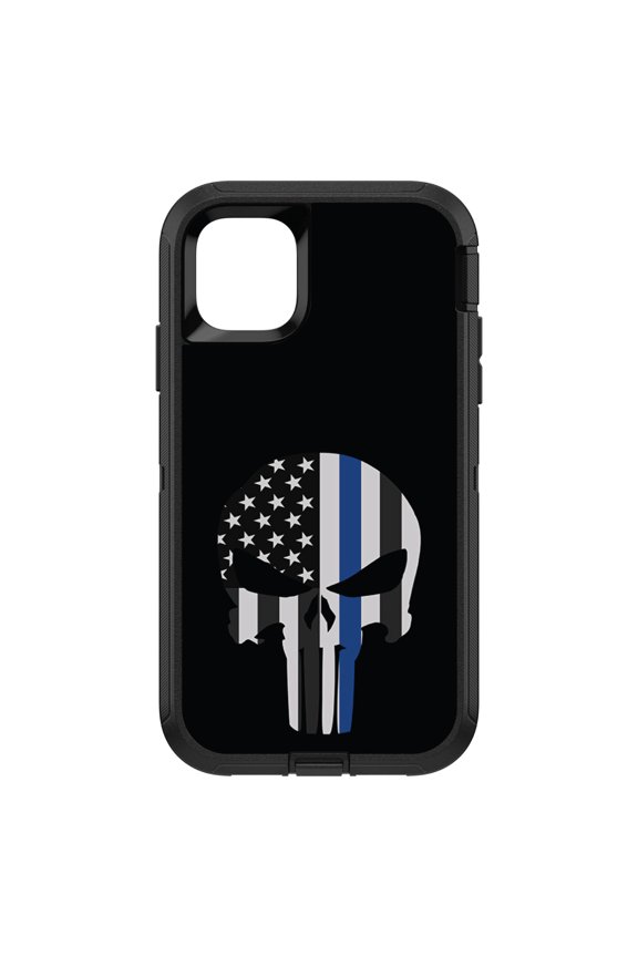Custom SKIN / DECAL compatible with OtterBox Defender for iPhone 11 Pro MAX (6.5" Screen) - Thin Blue Line Skull - Show Your Support for First Responders