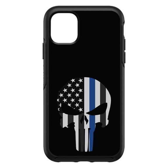 DistinctInk Custom SKIN / DECAL compatible with OtterBox Symmetry for iPhone 11 Pro MAX (6.5" Screen) - Thin Blue Line Skull - Show Your Support for First Responders