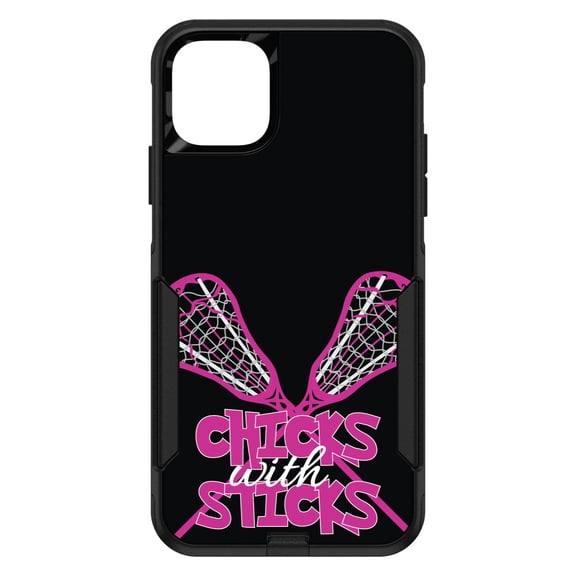 DistinctInk Case for iPhone 11 (6.1" Screen) - OtterBox Commuter Custom Black Case - Hot Pink Lacrosse - Chicks with Sticks