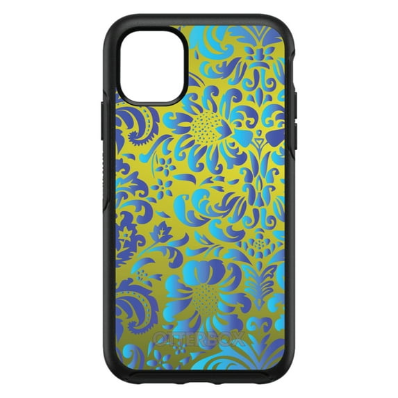 DistinctInk Case for iPhone 11 Pro MAX (6.7" Screen) - OtterBox Symmetry Custom Black Case - Green Blue Teal Floral Pattern