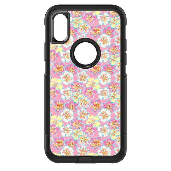 DistinctInk Custom SKIN / DECAL compatible with OtterBox Commuter for iPhone X / XS (5.8" Screen) - Preppy Pattern - Yellow White Pink Flowers Floral