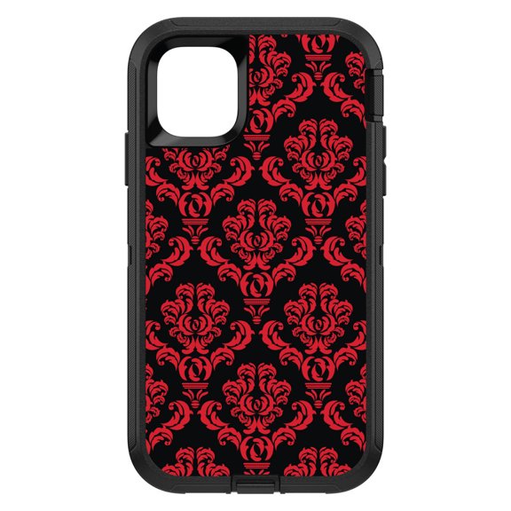 DistinctInk Custom SKIN / DECAL compatible with OtterBox Defender for iPhone 11 (6.1" Screen) - Black Red Damask Pattern - Floral Damask Pattern