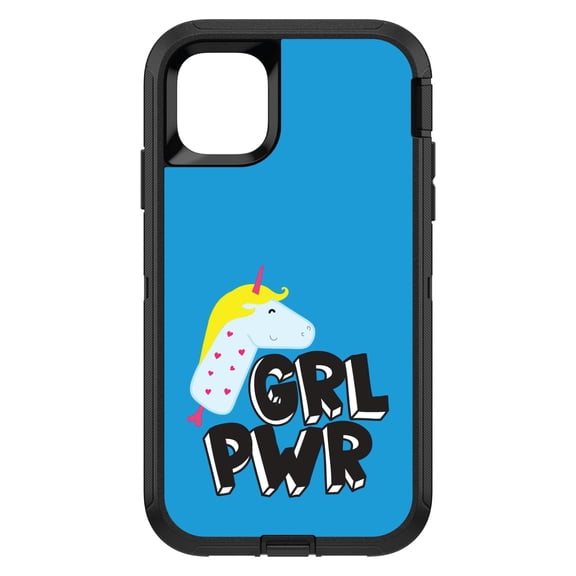 DistinctInk Custom SKIN / DECAL compatible with OtterBox Defender for iPhone 11 (6.1" Screen) - Girl Power - GRL PWR - Unicorn Blue Background