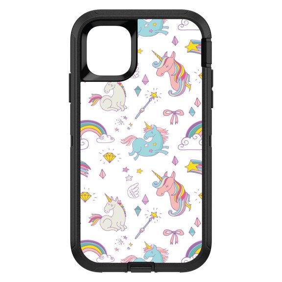 DistinctInk Custom SKIN / DECAL compatible with OtterBox Defender for iPhone 11 (6.1" Screen) - Unicorn Rainbow Wand Pattern - White