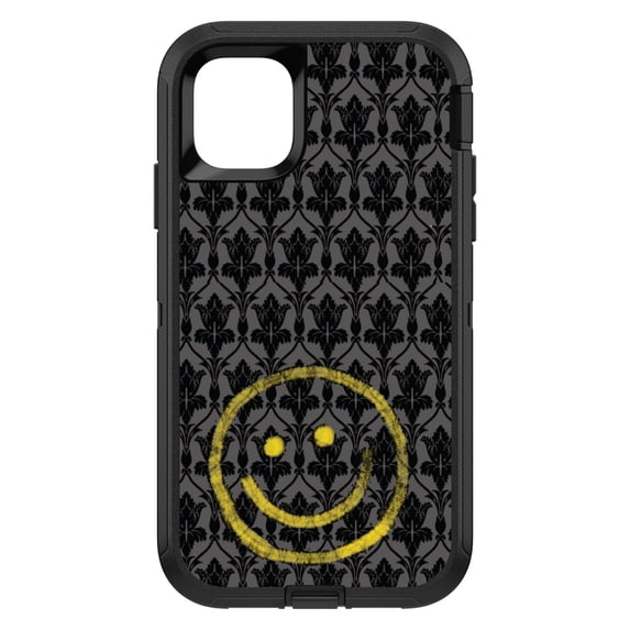 DistinctInk Custom SKIN / DECAL compatible with OtterBox Defender for iPhone 11 (6.1" Screen) - Yellow Smiley Face Black Grey Damask