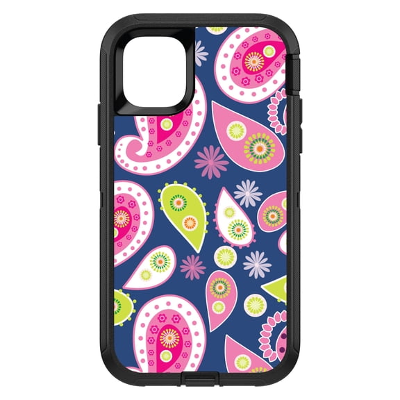 DistinctInk Custom SKIN / DECAL compatible with OtterBox Defender for iPhone 11 Pro MAX (6.5" Screen) - Pink Green Navy Paisley