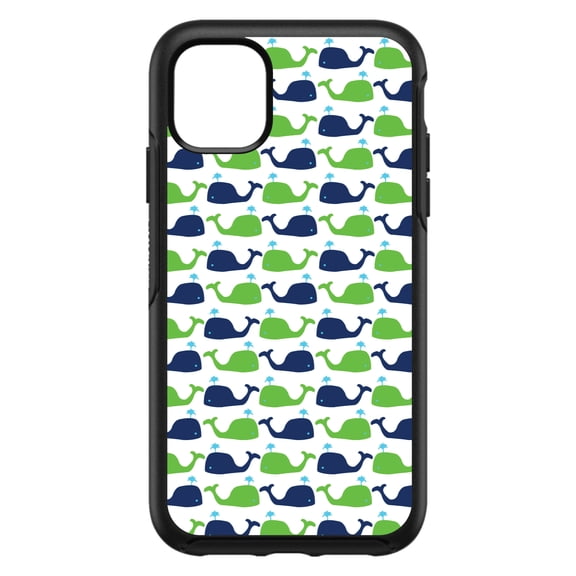 DistinctInk Case for iPhone 11 (6.1" Screen) - OtterBox Symmetry Custom Black Case - Green Navy Cartoon Whales - Cartoon Whales