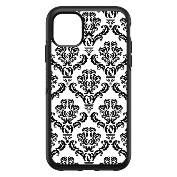 DistinctInk Case for iPhone 11 (6.1" Screen) - OtterBox Symmetry Custom Black Case - White Black Damask Pattern - Floral Damask Pattern