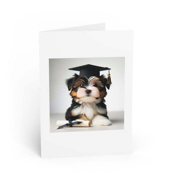 DistinctInk Greeting Card / Note Card - Biewer Terrier Puppy Graduation - PACK of 50