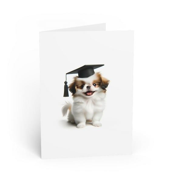 DistinctInk Greeting Card / Note Card - Japanese Chin Puppy Graduation - PACK of 100