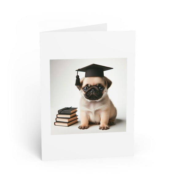 DistinctInk Greeting Card / Note Card - Pug Puppy Graduation - PACK of 3