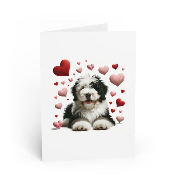 DistinctInk Greeting Card / Note Card - Valentine's Day Old English Sheepdog Puppy - PACK of 3