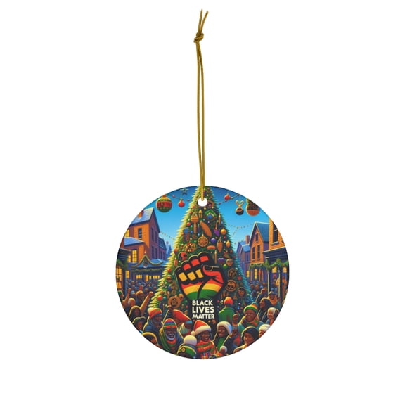DistinctInk Hanging Ceramic Christmas Tree Ornament Charm with Gold String - Great Gift/Present - 2 3/4 inch Diameter -Christmas Unity for Black Lives Matter
