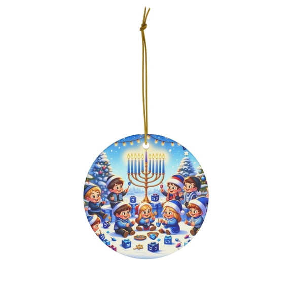 DistinctInk Hanging Ceramic Christmas Tree Ornament Charm with Gold String - Great Gift/Present - 2 3/4 inch Diameter - Hanukkah and Christmas Joy