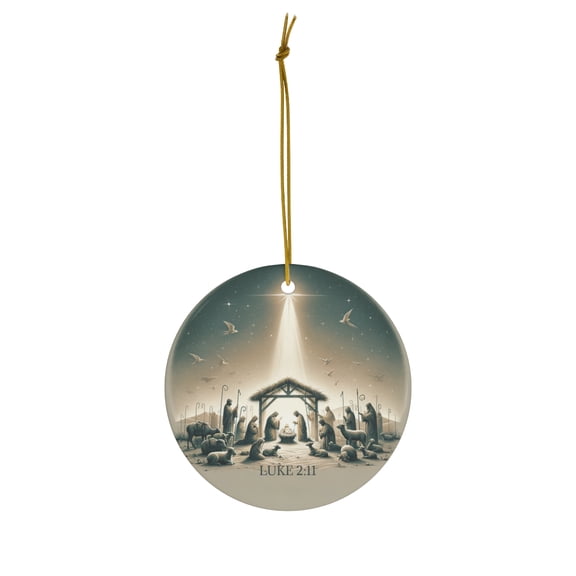 DistinctInk Hanging Ceramic Christmas Ornament - Nativity Scene Savior's Birth Luke 2:11 - Gold String, 2-3/4 inch Diameter