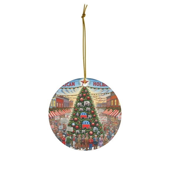 DistinctInk Hanging Ceramic Christmas Tree Ornament Charm with Gold String - Great Gift/Present - 2 3/4 inch Diameter -Republican Holiday Spirit