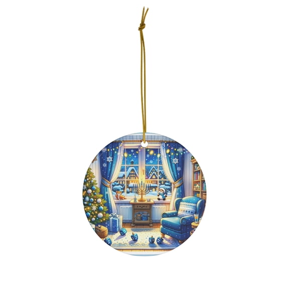 DistinctInk Hanging Ceramic Christmas Tree Ornament Charm with Gold String - Great Gift/Present - 2 3/4 inch Diameter - Hanukkah Holiday Cheer