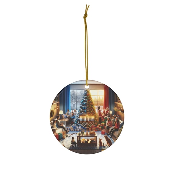 DistinctInk Hanging Ceramic Christmas Tree Ornament Charm with Gold String - Great Gift/Present - 2 3/4 inch Diameter - Winter Holiday Harmony