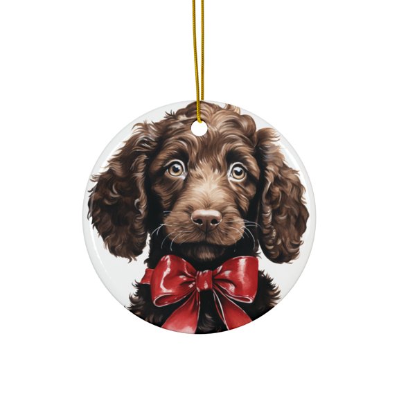 DistinctInk Hanging Ceramic Christmas Tree Ornament with Gold String - Great Gift/Present - 2 3/4 inch Diameter - American Water Spaniel Puppy Drawing Design