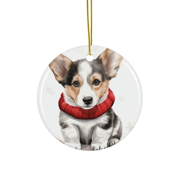 DistinctInk Hanging Ceramic Christmas Tree Ornament with Gold String - Great Gift/Present - 2 3/4 inch Diameter - Cardigan Welsh Corgi Puppy Drawing Design