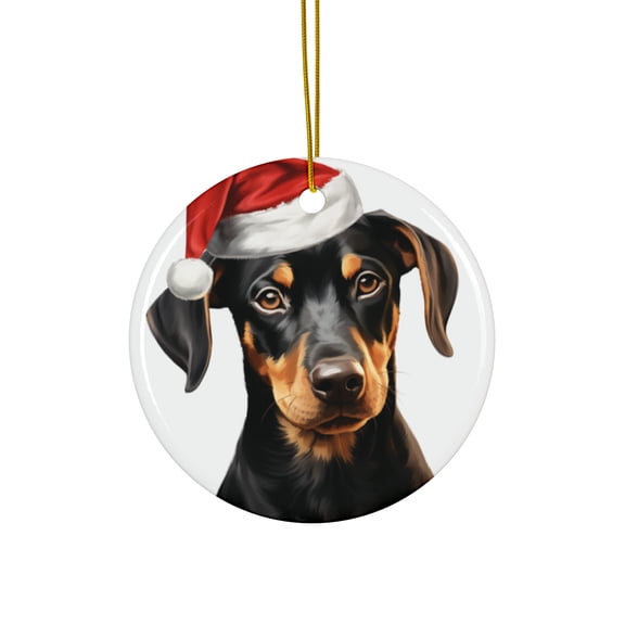 DistinctInk Hanging Ceramic Christmas Tree Ornament with Gold String - Great Gift/Present - 2 3/4 inch Diameter - Doberman Pinscher Puppy Drawing Design