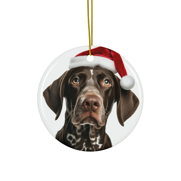 DistinctInk Hanging Ceramic Christmas Tree Ornament with Gold String - Great Gift/Present - 2 3/4 inch Diameter - German Shorthaired Pointer Puppy Design
